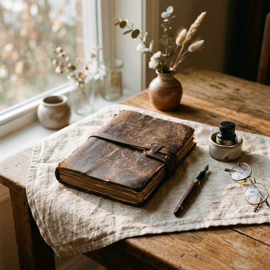 A leather journal resting on linen cloth in warm morning light
